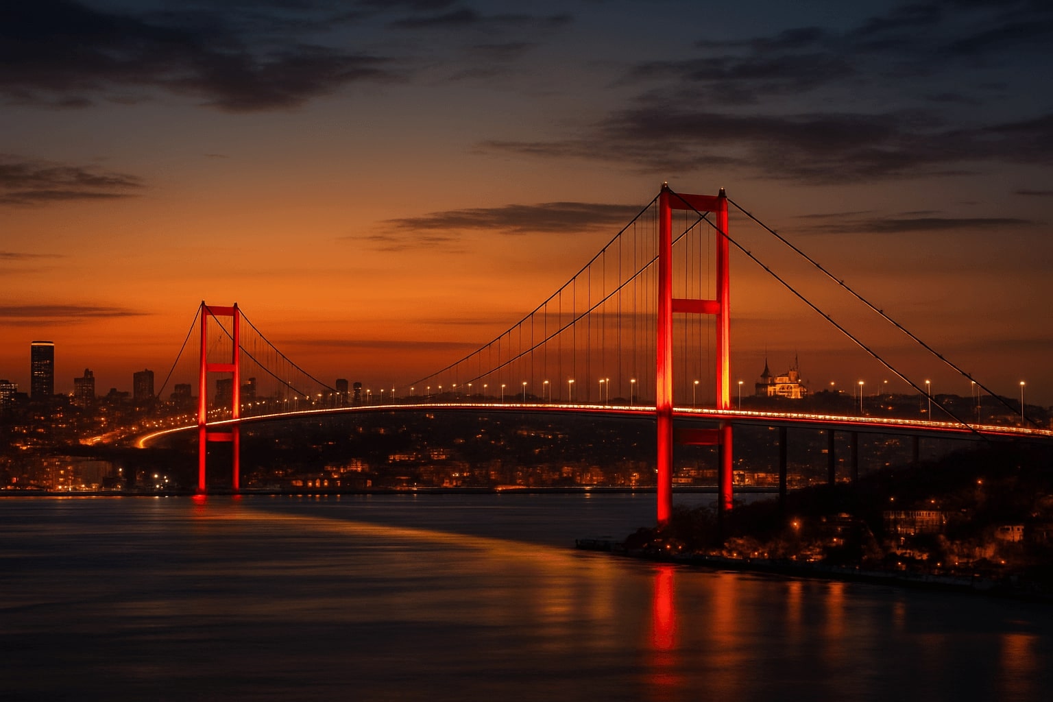 Gece aydınlatılmış bir köprü ve şehir manzarası
